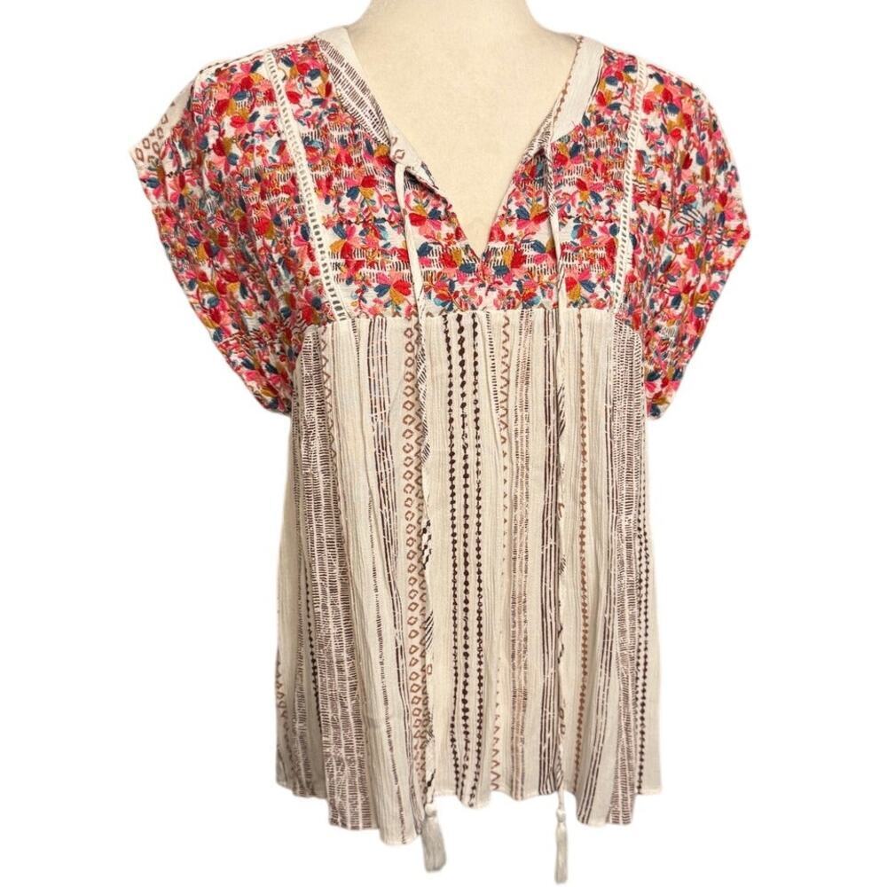 Savanna Jane Embroidered Boho Tunic Top, Floral Embroidery, Tassel Tie, Size M